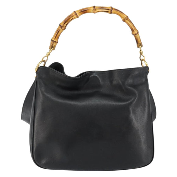 GUCCI Bamboo Hand Bag Leather 2way Black Gold 001 2113 1638 Auth th6469