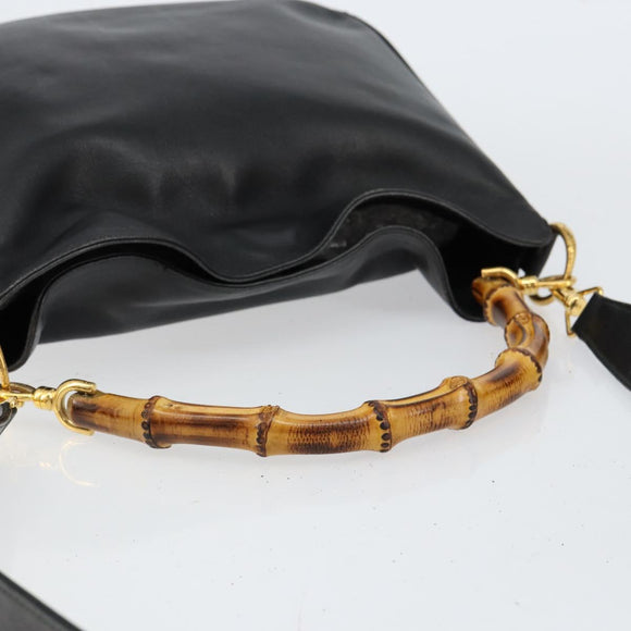 GUCCI Bamboo Hand Bag Leather 2way Black Gold 001 2113 1638 Auth th6469