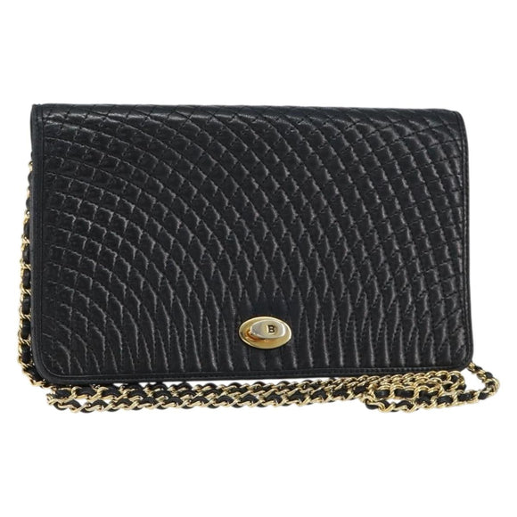 BALLY Quilted Chain Shoulder Bag Leather Black Gold Auth th6489