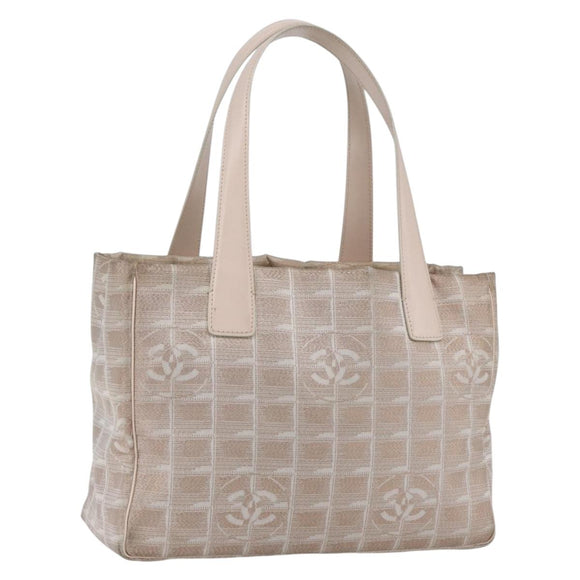 CHANEL New Travel Line Einkaufstasche Nylon Beige Silber CC Auth th6582
