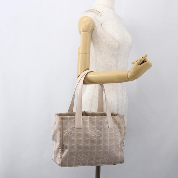 CHANEL New Travel Line Einkaufstasche Nylon Beige Silber CC Auth th6582