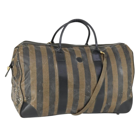 FENDI Pecan Canvas Boston Bag Nylon 2way Black Brown gold Auth th6585