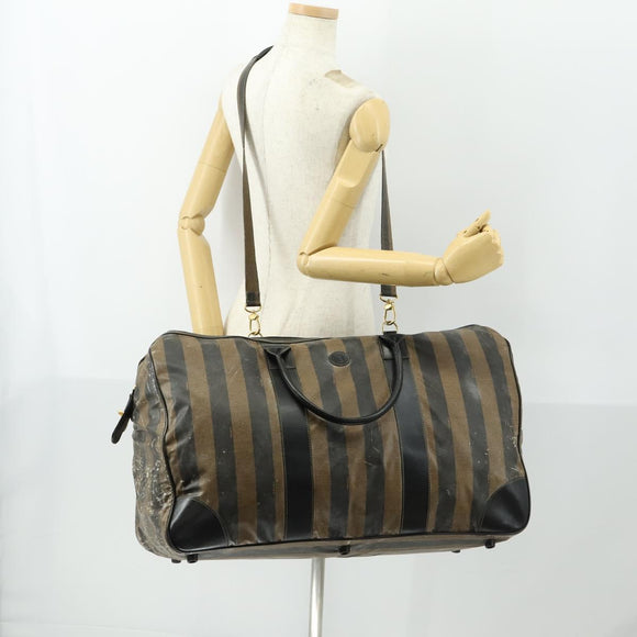 FENDI Pecan Canvas Boston Bag Nylon 2way Black Brown gold Auth th6585