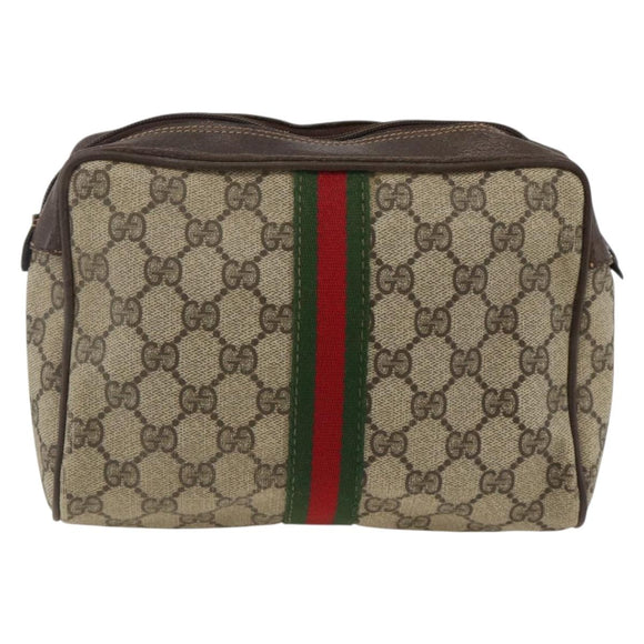 GUCCI GG Supreme Web Sherry Line Clutch Bag PVC Beige Gold Auth th6643