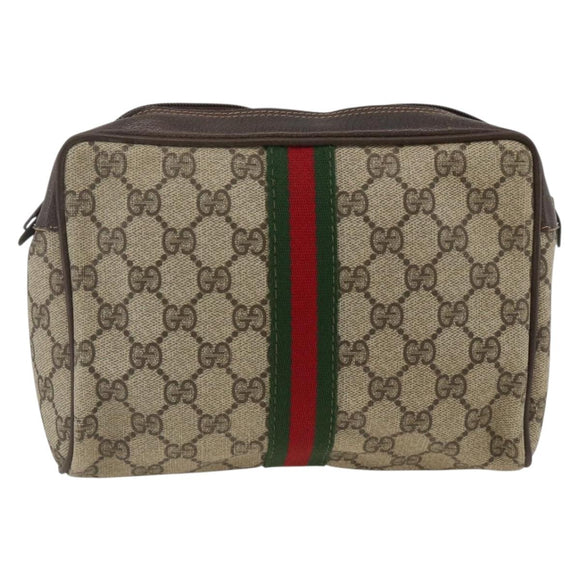 GUCCI GG Supreme Web Sherry Line Clutch Bag PVC Beige Gold Auth th6643