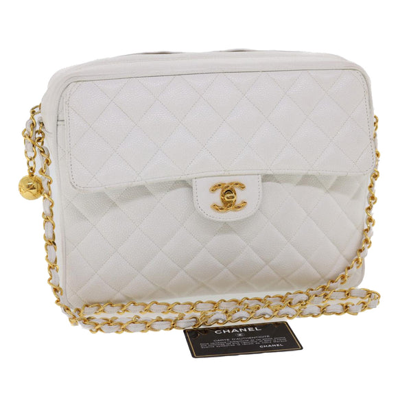 CHANEL Matelasse Chain Shoulder Bag Caviar Skin Gold White CC Auth am1370gAV