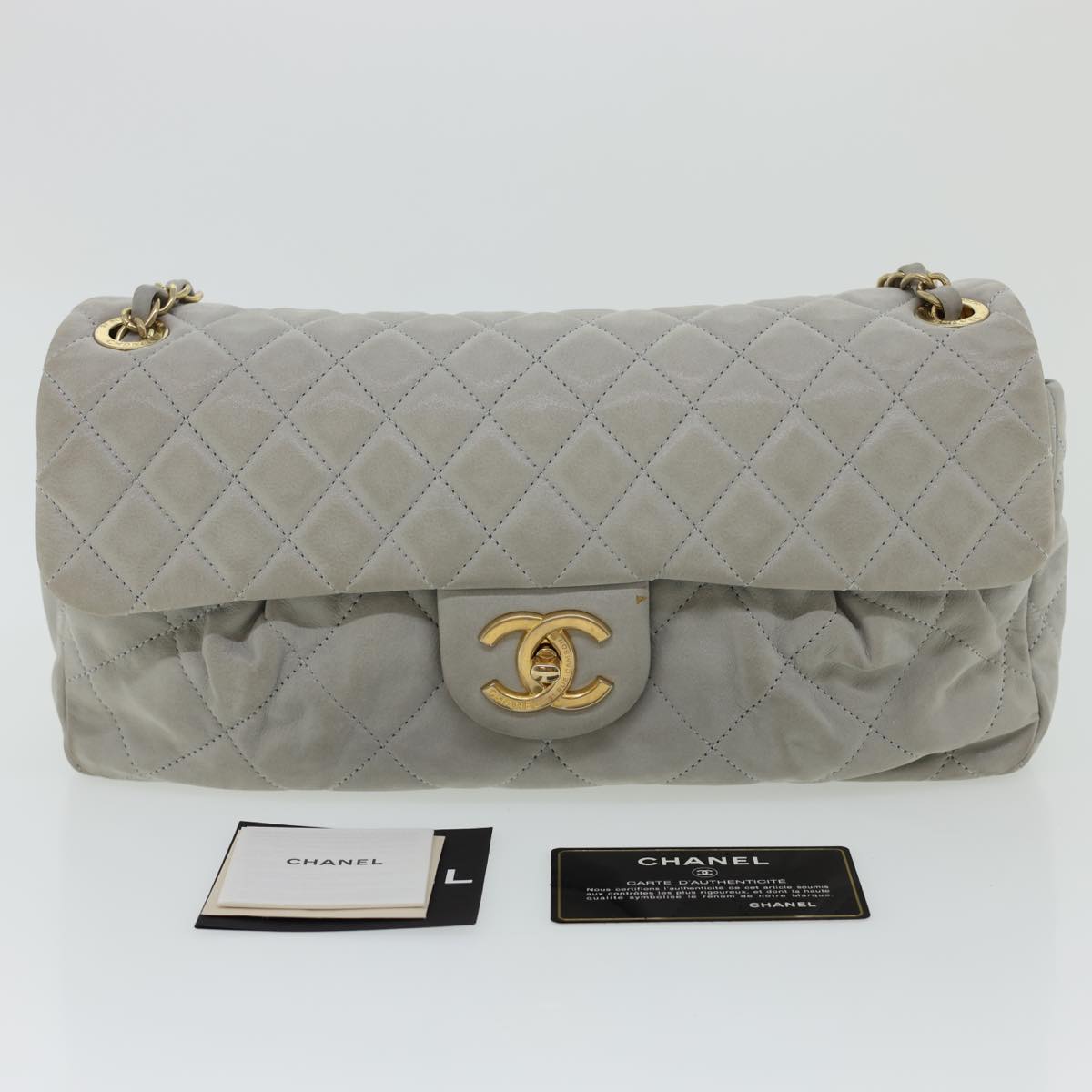 CHANEL Lamb Skin Matelasse Double Chain Shoulder Bag Gray CC Auth am1097gA