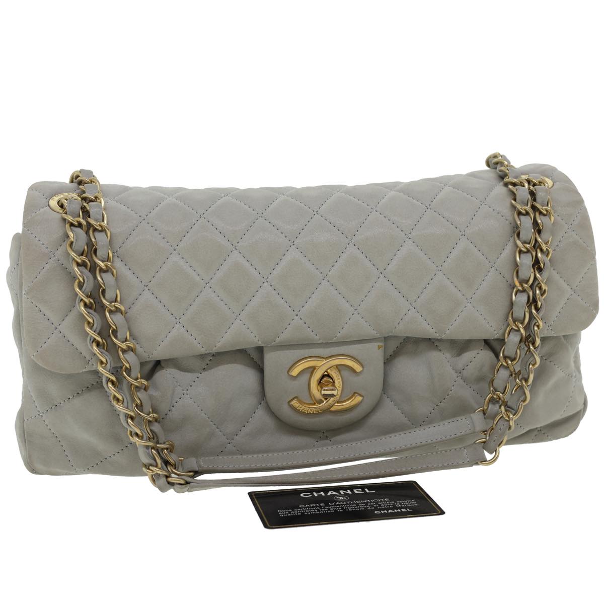 CHANEL Lamb Skin Matelasse Double Chain Shoulder Bag Gray CC Auth am1097gA