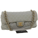 CHANEL Lamb Skin Matelasse Double Chain Shoulder Bag Gray CC Auth am1097gA-1