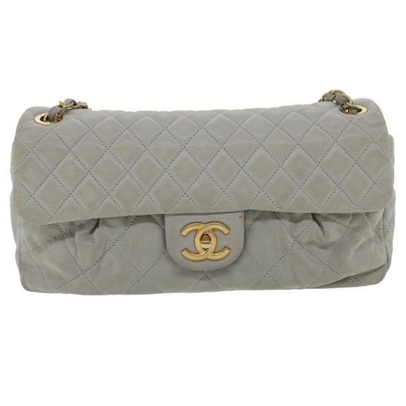 CHANEL Lamb Skin Matelasse Double Chain Shoulder Bag Gray CC Auth am1097gV