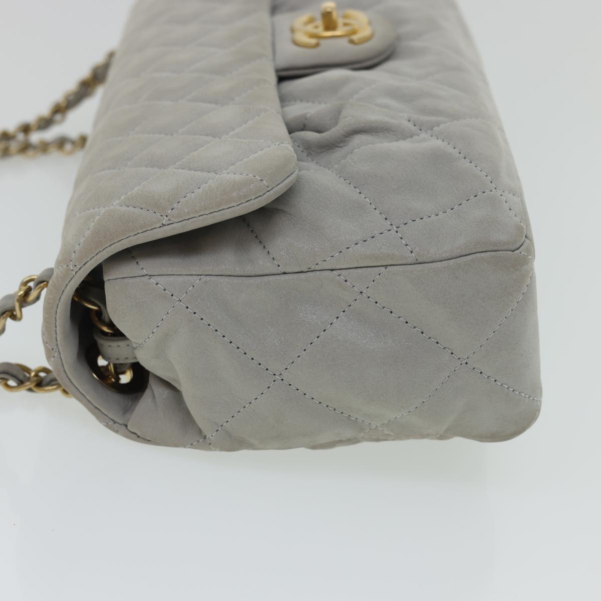 CHANEL Lamb Skin Matelasse Double Chain Shoulder Bag Gray CC Auth am1097gA