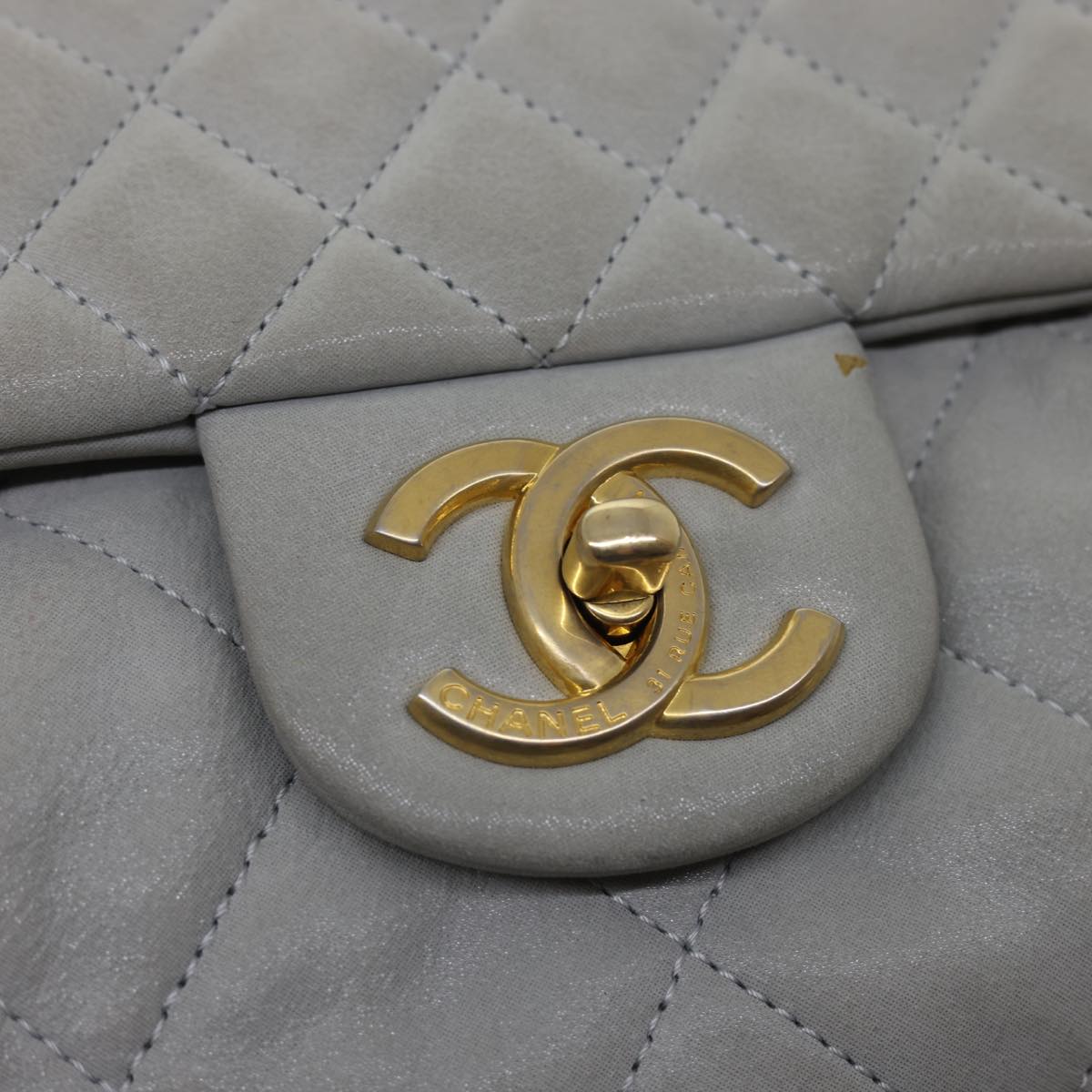 CHANEL Lamb Skin Matelasse Double Chain Shoulder Bag Gray CC Auth am1097gA