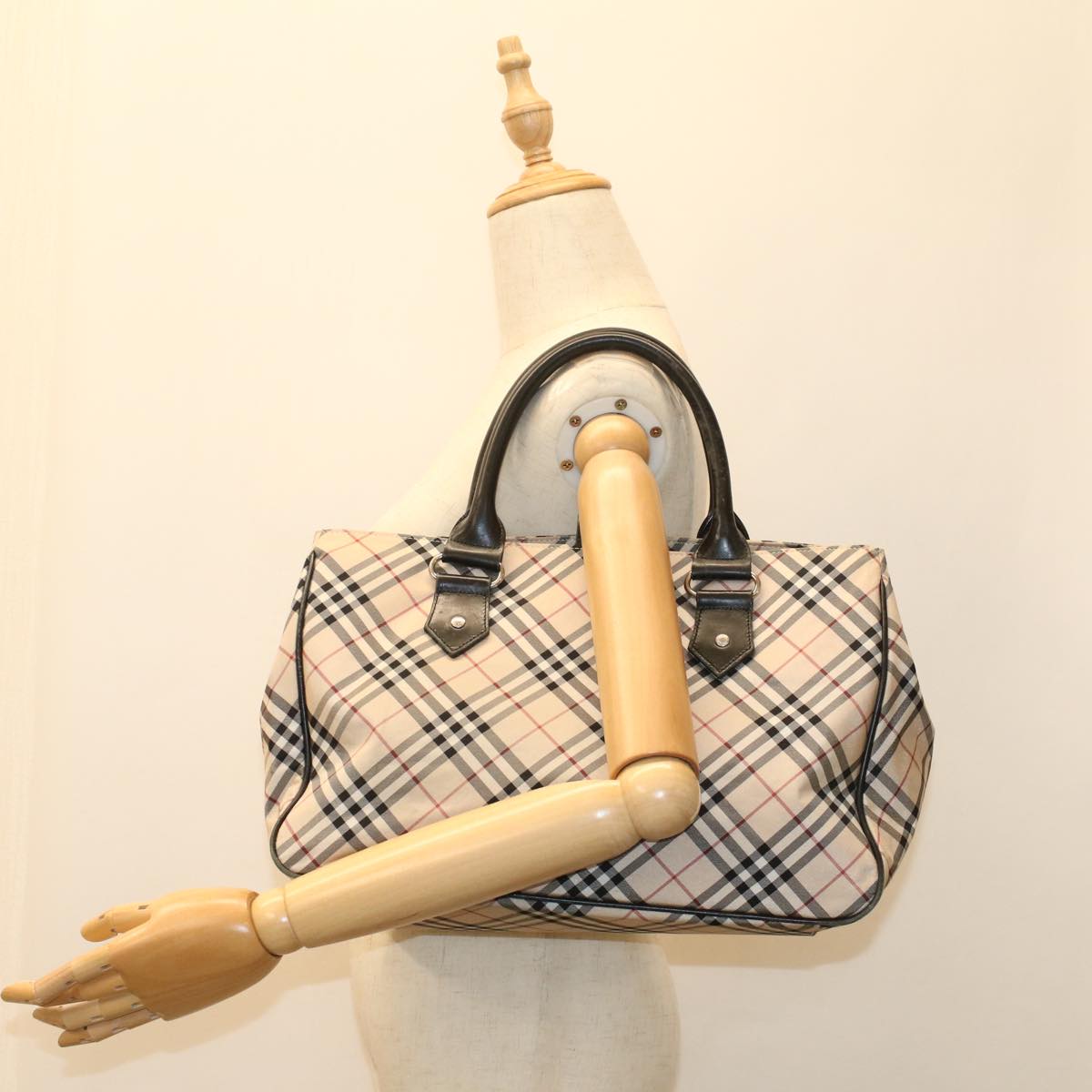 BURBERRY Nova Check Blue Label Hand Bag Nylon Leather Beige Auth ti1208