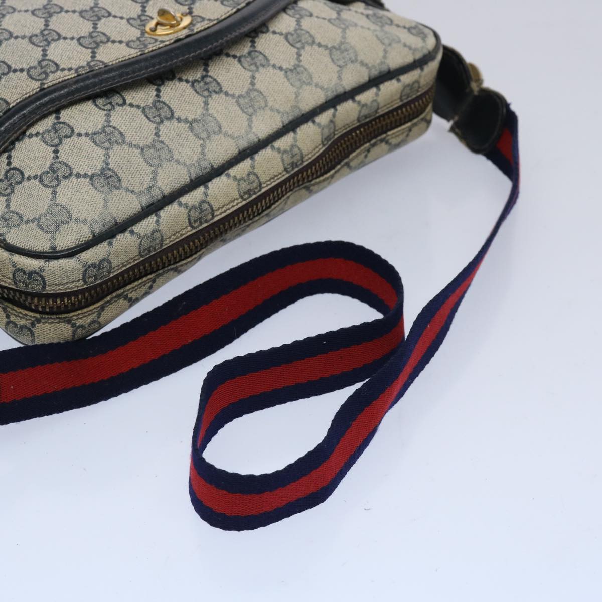 GUCCI GG Canvas Sherry Line Shoulder Bag PVC Leather Gray Red Navy Auth ti1224