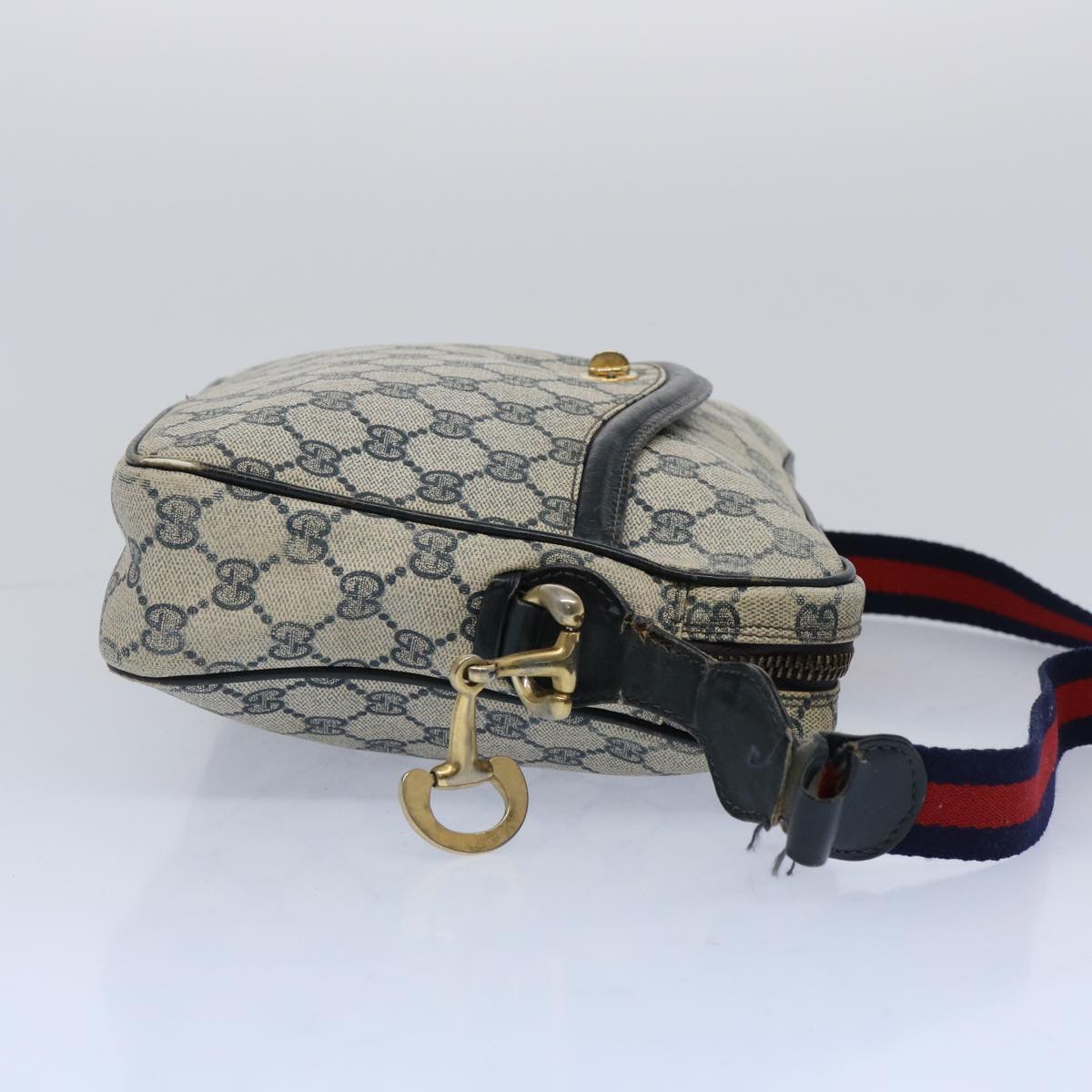 GUCCI GG Canvas Sherry Line Shoulder Bag PVC Leather Gray Red Navy Auth ti1224