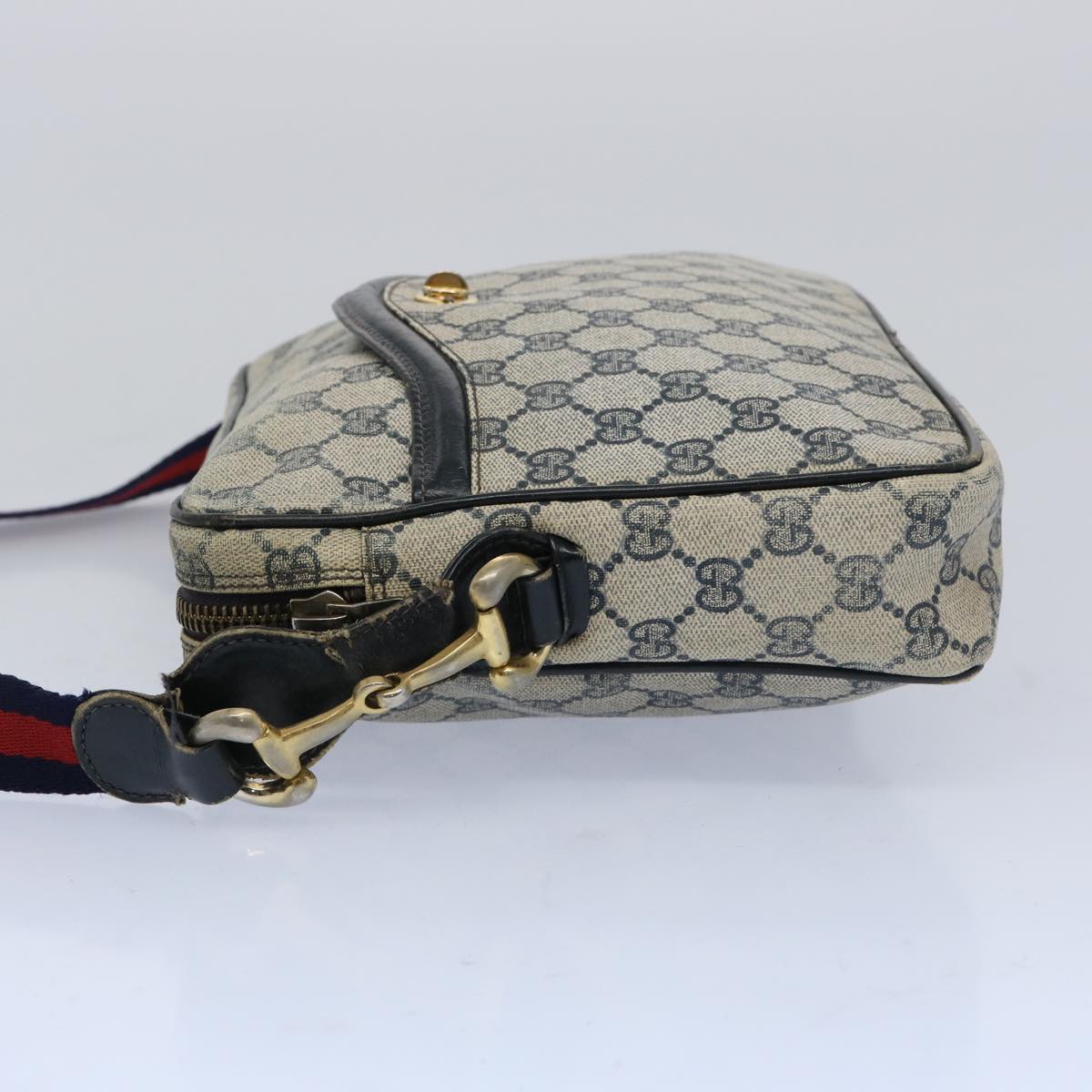 GUCCI GG Canvas Sherry Line Shoulder Bag PVC Leather Gray Red Navy Auth ti1224