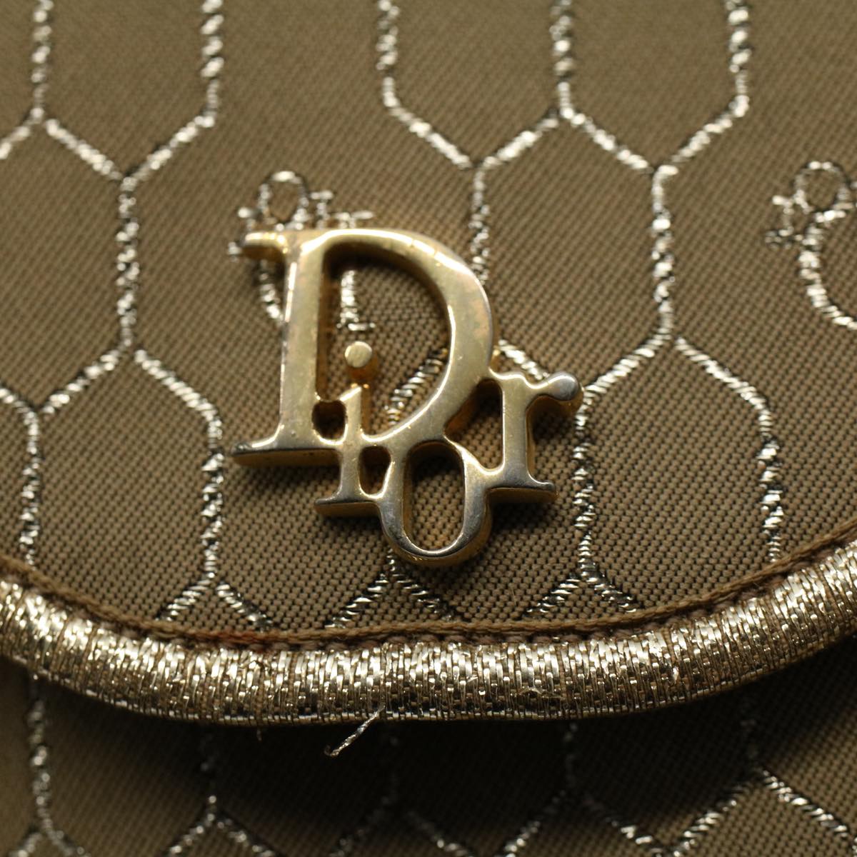 Christian Dior Honeycomb Canvas Chain Shoulder Bag Beige Auth ti1244