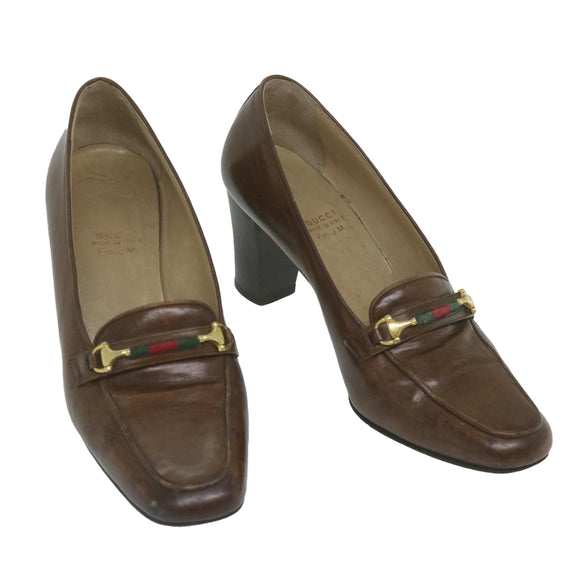 GUCCI Web Sherry Line High Heels Leather 36B Brown Auth ti1401