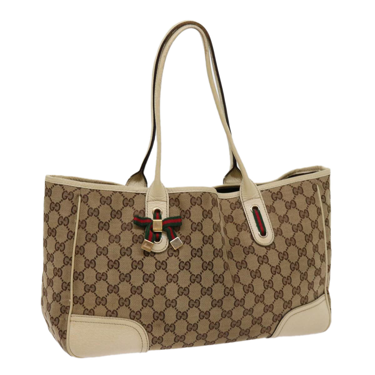 GUCCI GG Canvas Web Sherry Line Tote Bag Beige Red Green 163805 Auth ti1578