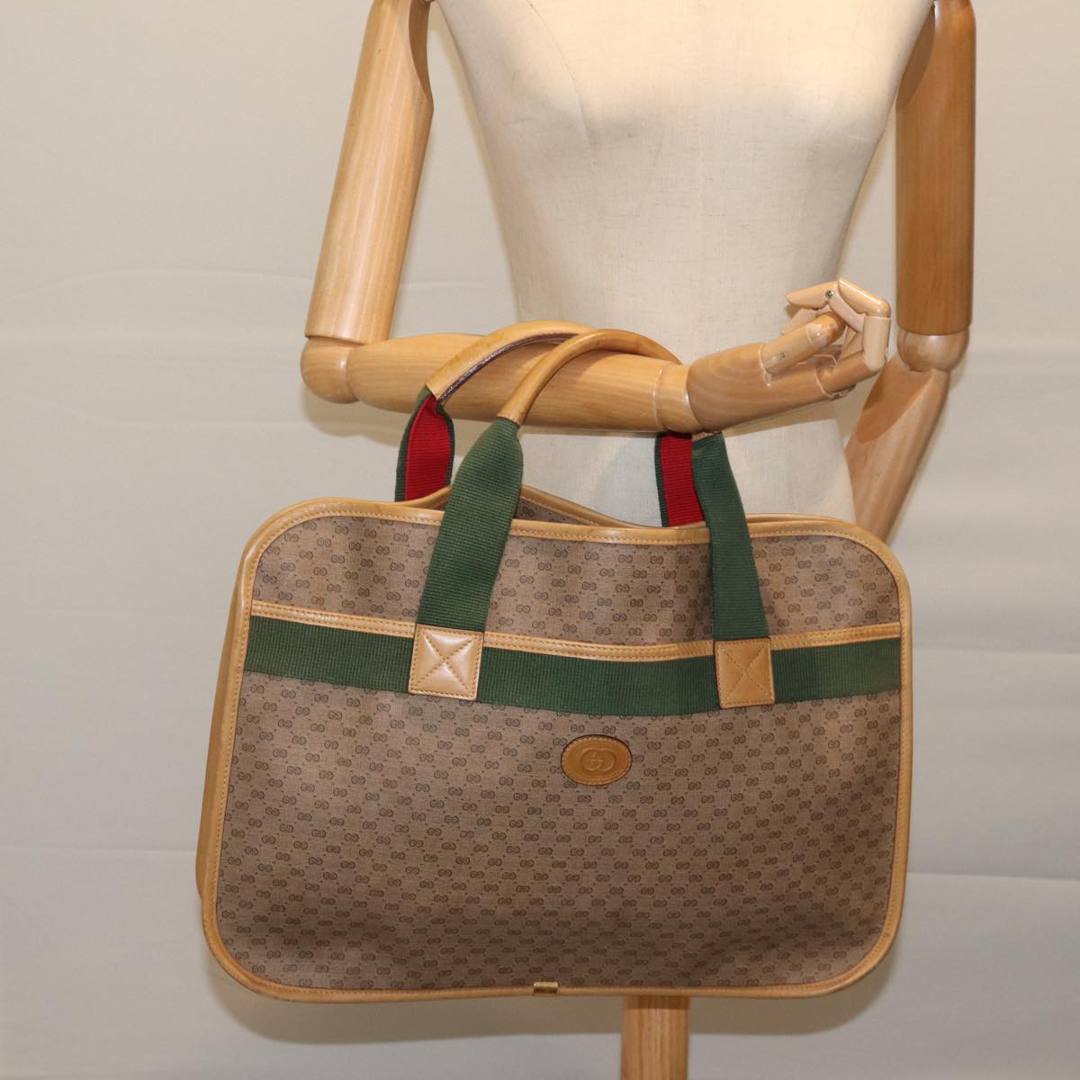 GUCCI Micro GG Supreme Web Sherry Line Hand Bag PVC Beige Red Green Auth ti1591