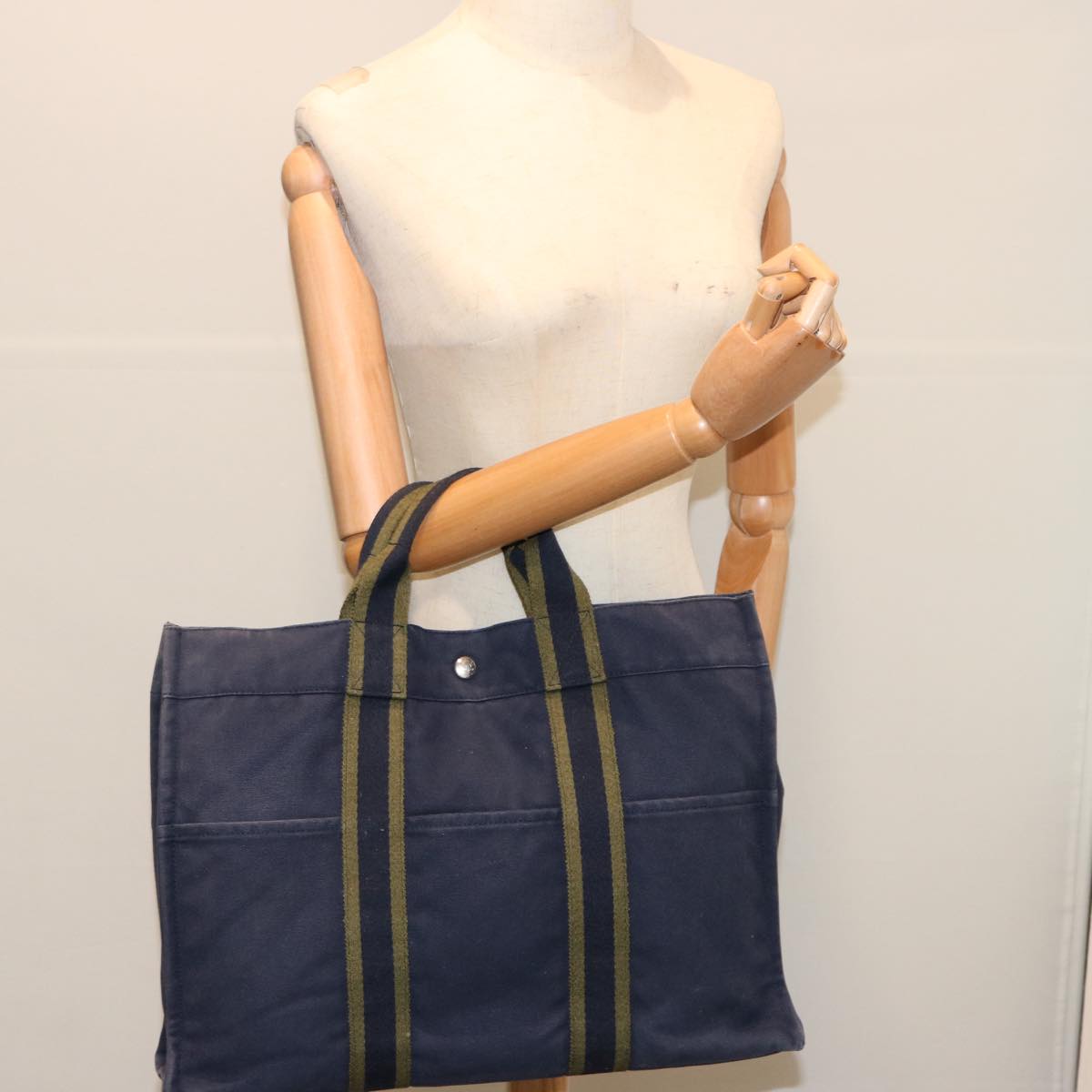 HERMES Fourre Tout MM Hand Bag Canvas Navy Khaki Auth ti1603