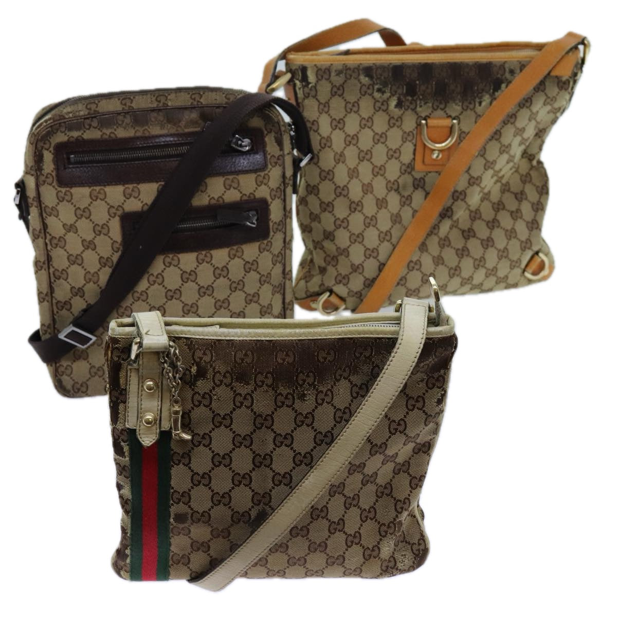 GUCCI GG Canvas Web Sherry Line Shoulder Bag 3Set Beige Red Green Auth ti1609