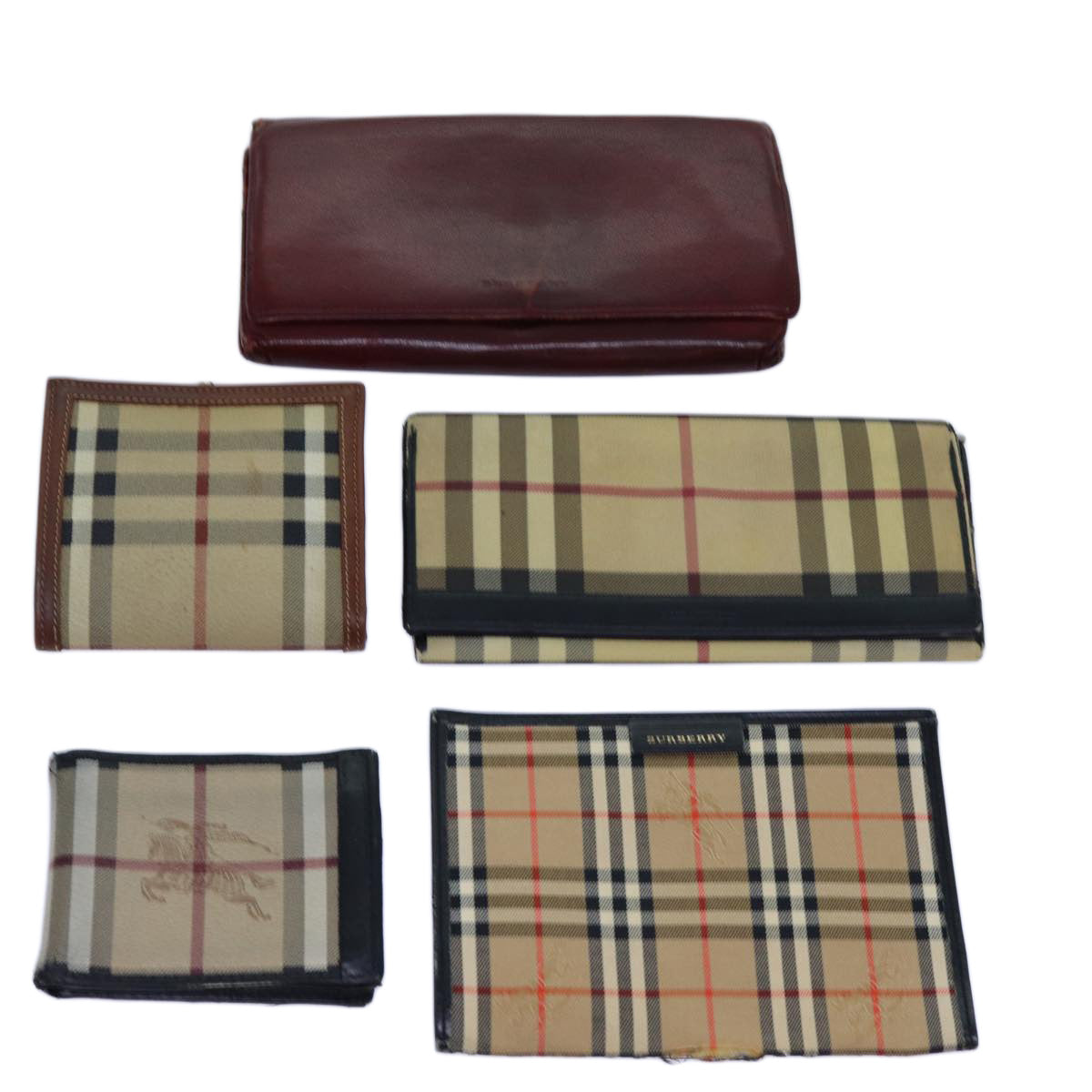 BURBERRY Nova Check Wallet Canvas PVC 5Set Red Beige Auth ti1617