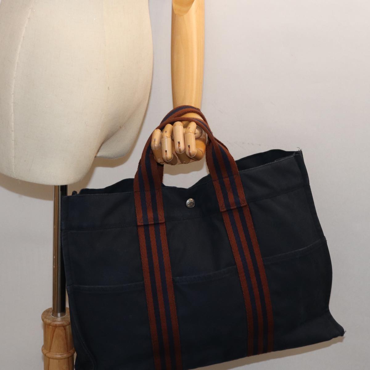 HERMES Fourre Tout MM Hand Bag Canvas Brown Navy Auth ti1697