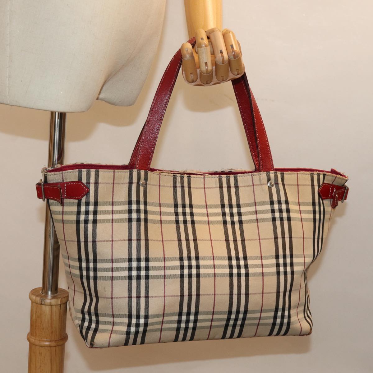 BURBERRY Nova Check Blue Label Tote Bag Canvas Beige Auth ti1734