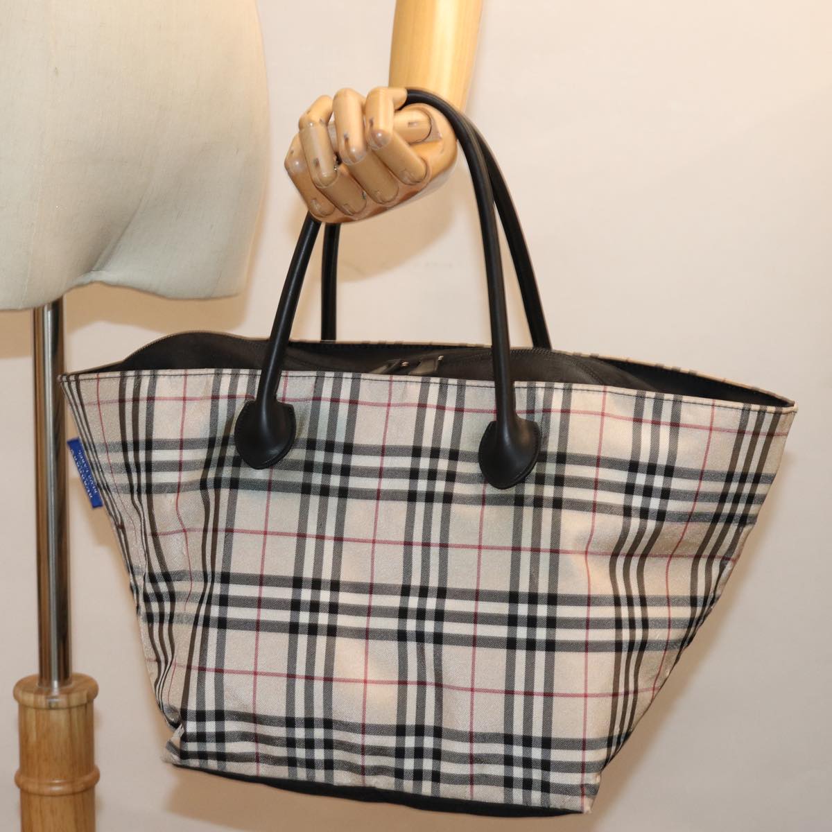 BURBERRY Nova Check Blue Label Tote Bag Nylon Beige Auth ti1737