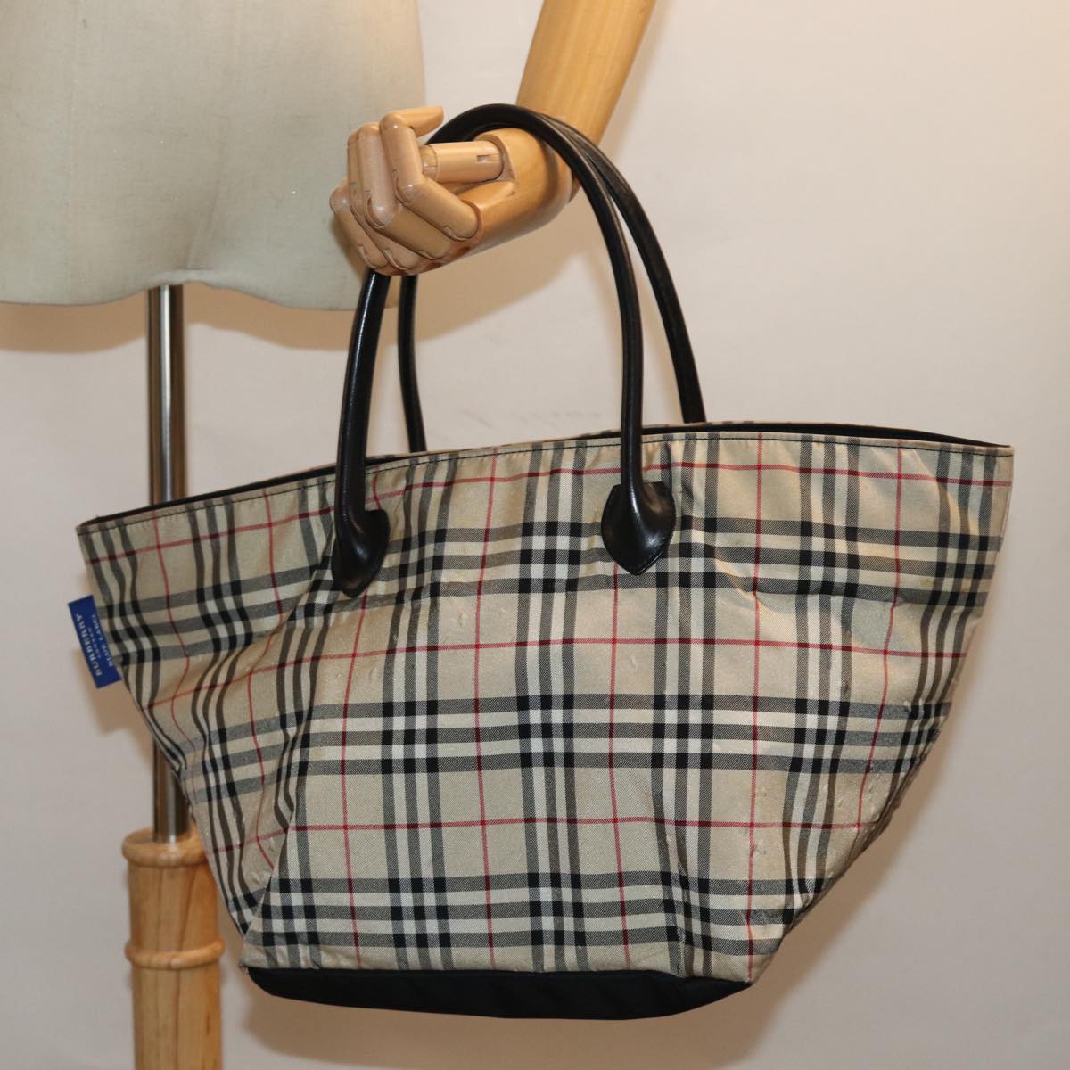 BURBERRY Nova Check Blue Label Tote Bag Nylon Beige Auth ti1762