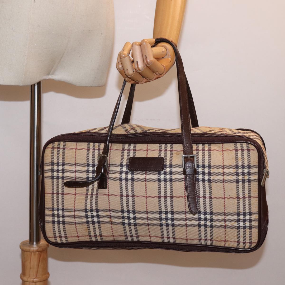 BURBERRY Nova Check Blue Label Hand Bag Canvas Beige Brown Auth ti1764