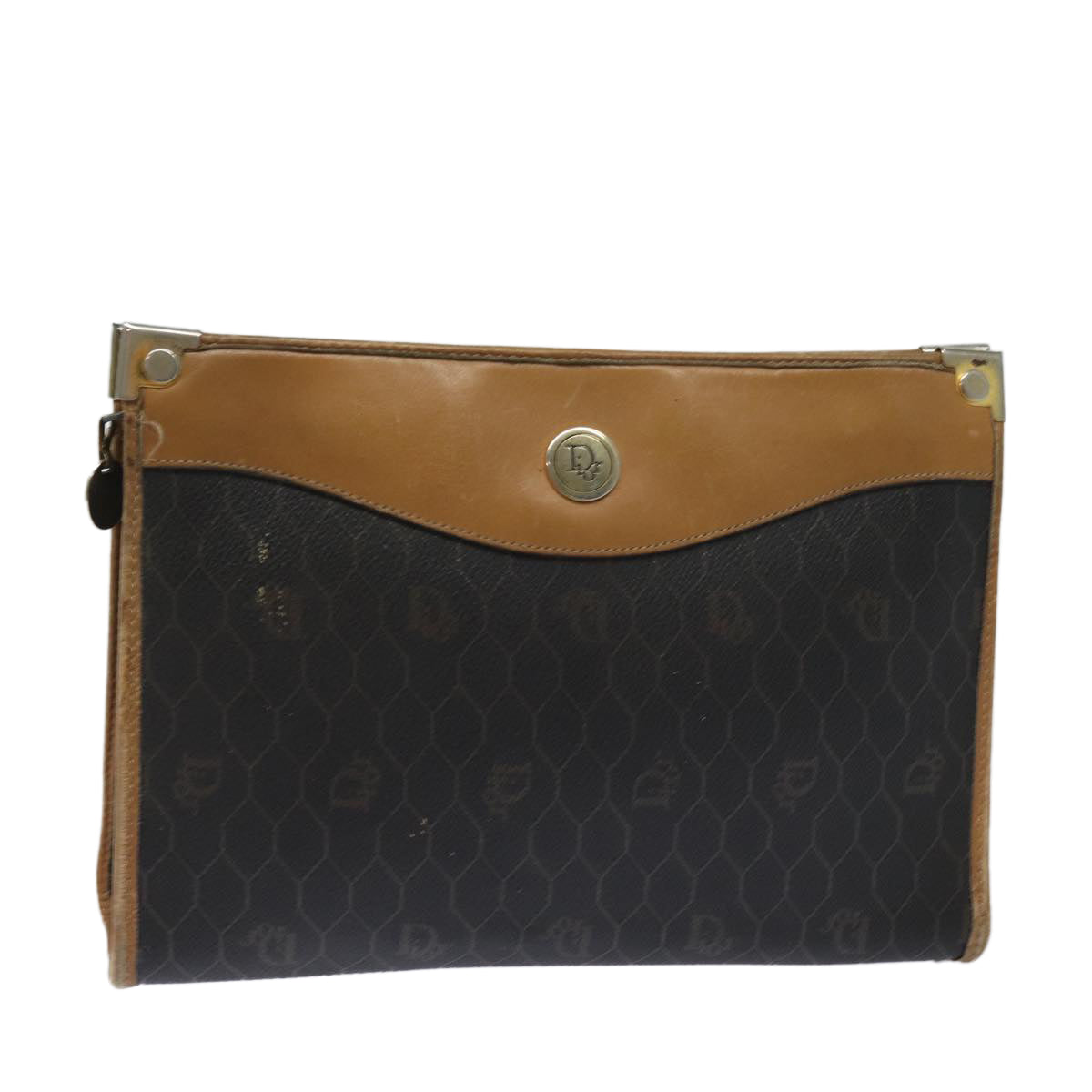 Christian Dior Honeycomb Canvas Clutch Bag PVC Leather Black Brown Auth ti1770