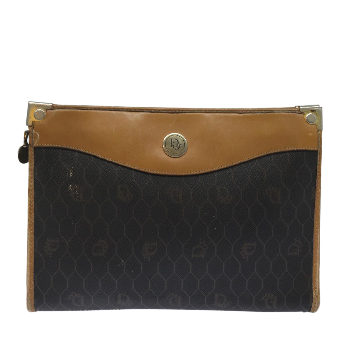 Christian Dior Honeycomb Canvas Clutch Bag PVC Leather Black Brown Auth ti1770