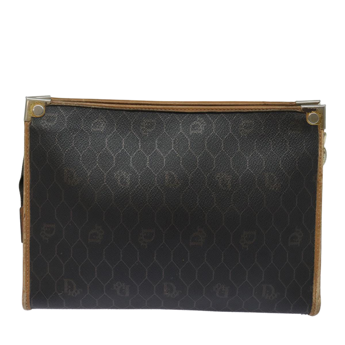 Christian Dior Honeycomb Canvas Clutch Bag PVC Leather Black Brown Auth ti1770 - 0