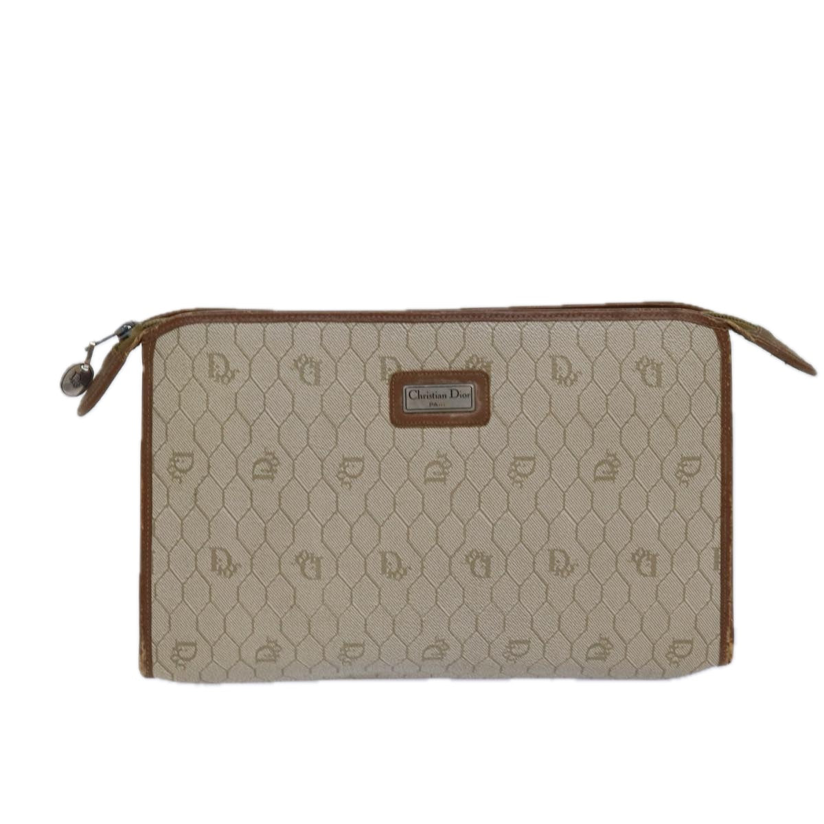 Christian Dior Honeycomb Canvas Clutch Bag PVC Leather Beige Auth ti1771