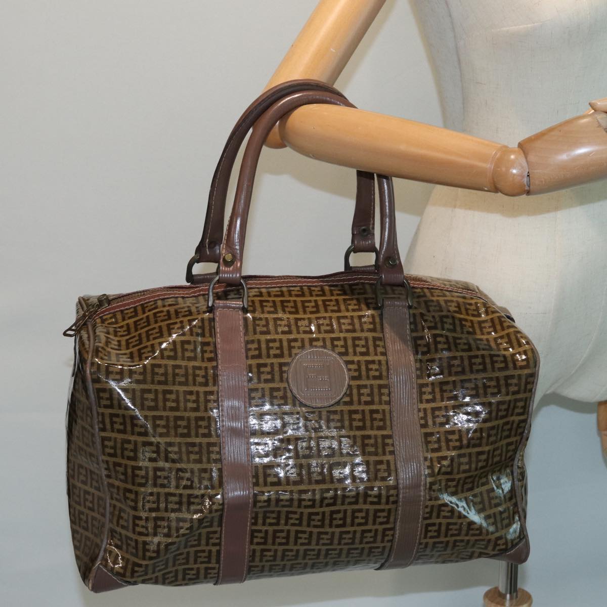 FENDI Zucchino Canvas Boston Bag Vintage Brown Auth ti1787