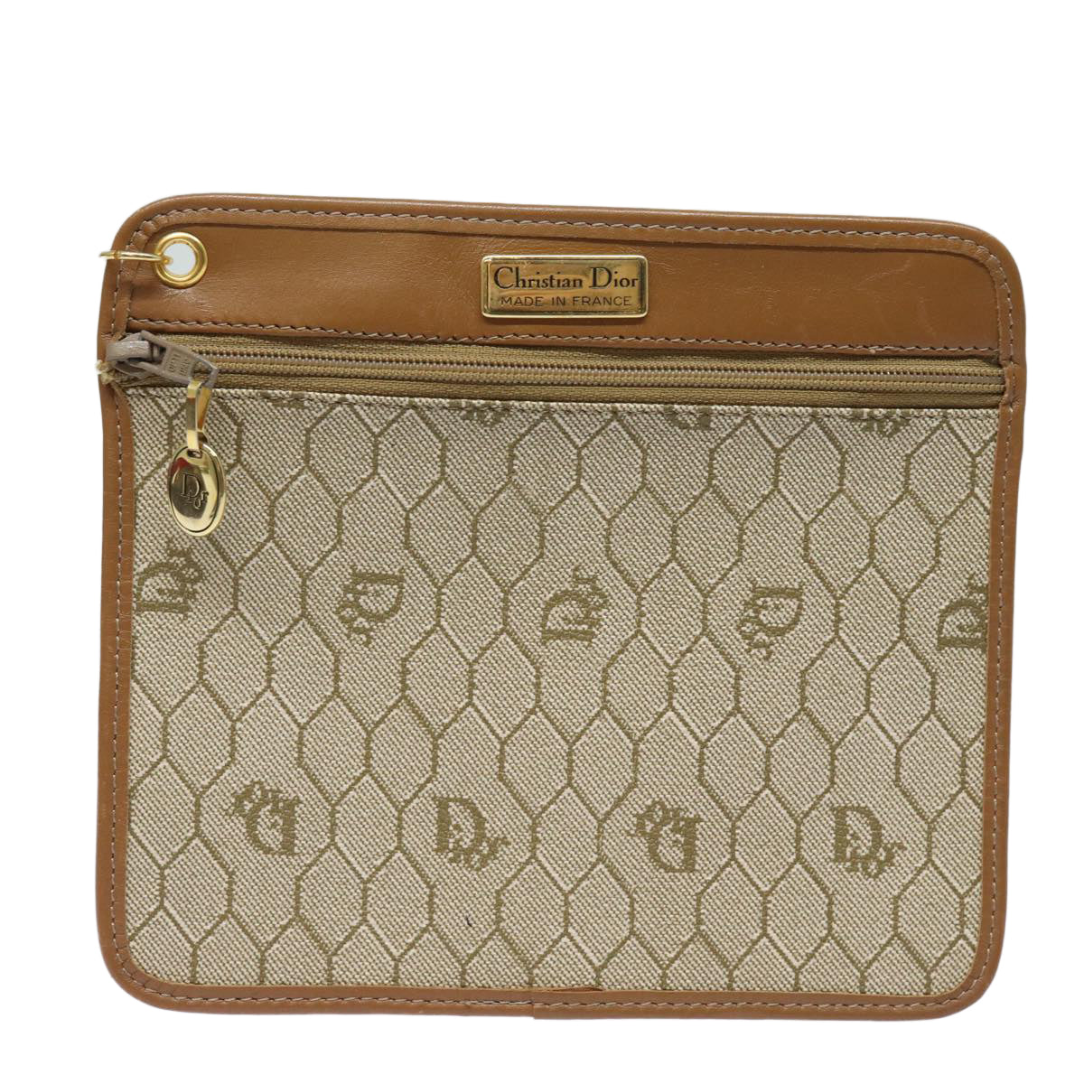 Christian Dior Honeycomb Canvas Pouch PVC Leather Beige Auth ti1806