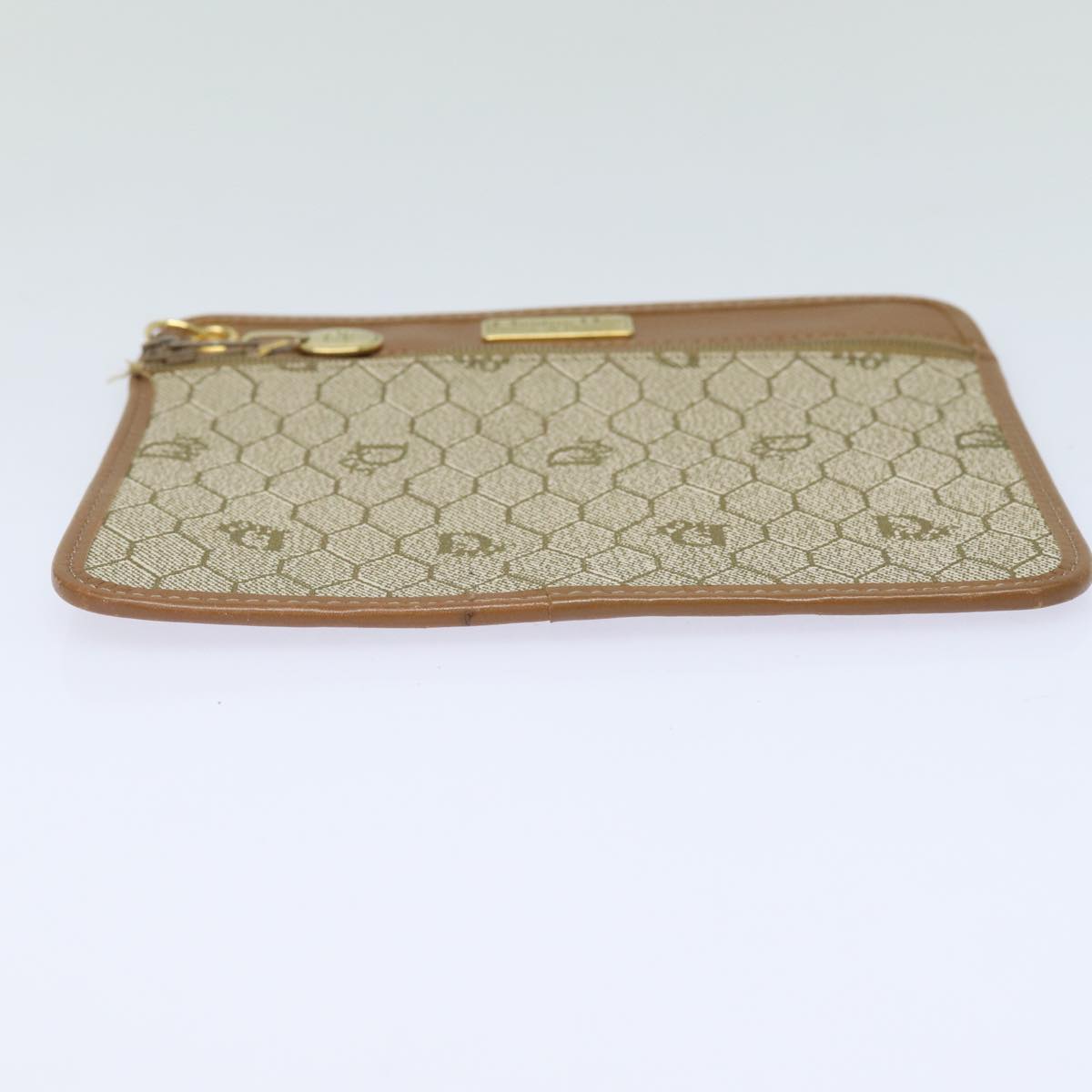 Christian Dior Honeycomb Canvas Pouch PVC Leather Beige Auth ti1806