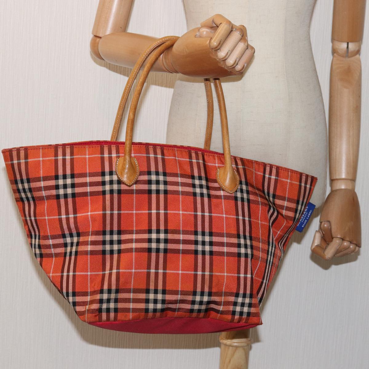 BURBERRY Nova Check Blue Label Tote Bag Nylon Leather Orange Brown Auth ti1814