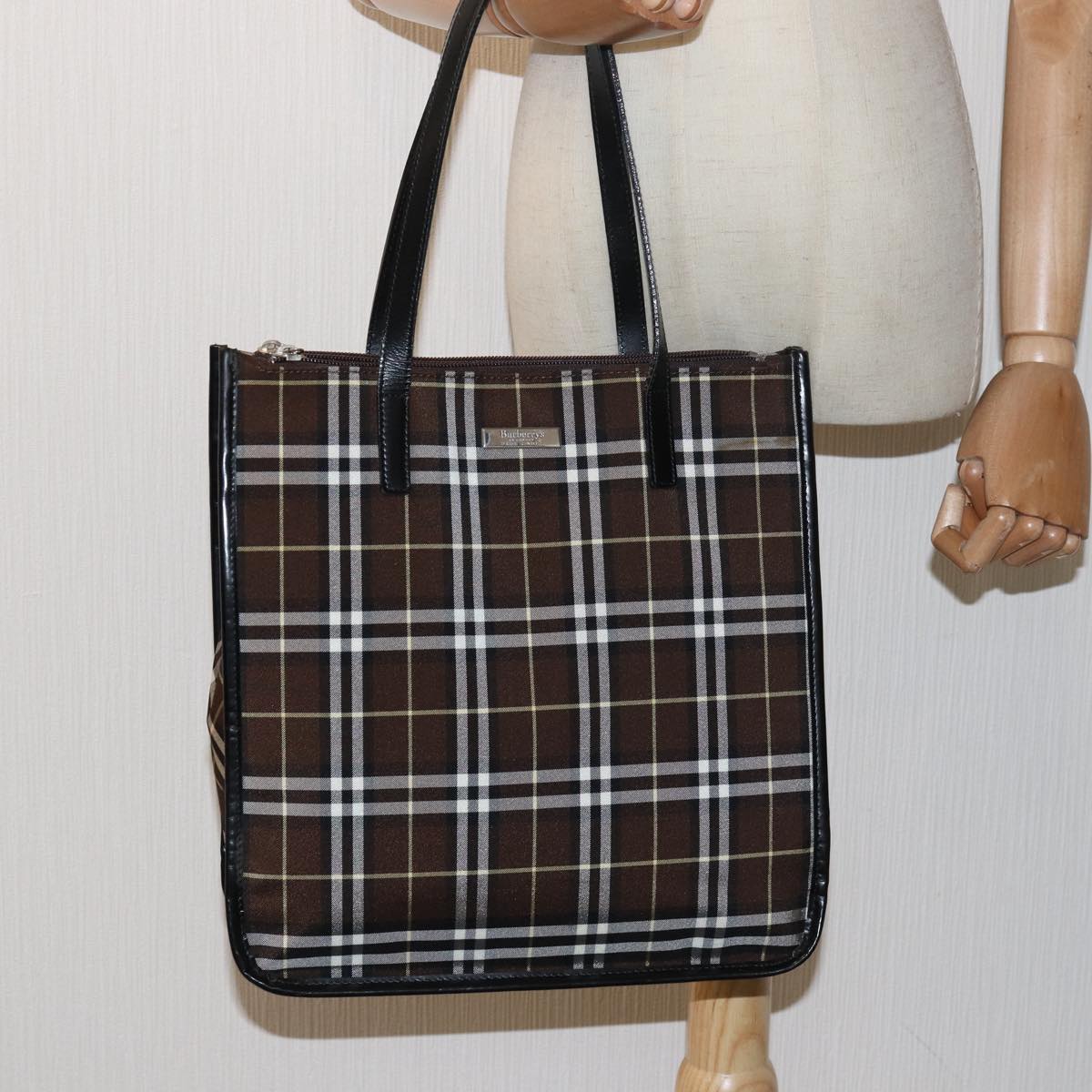 Burberrys Nova Check Blue Label Tote Bag Nylon Leather Brown Black Auth ti1822