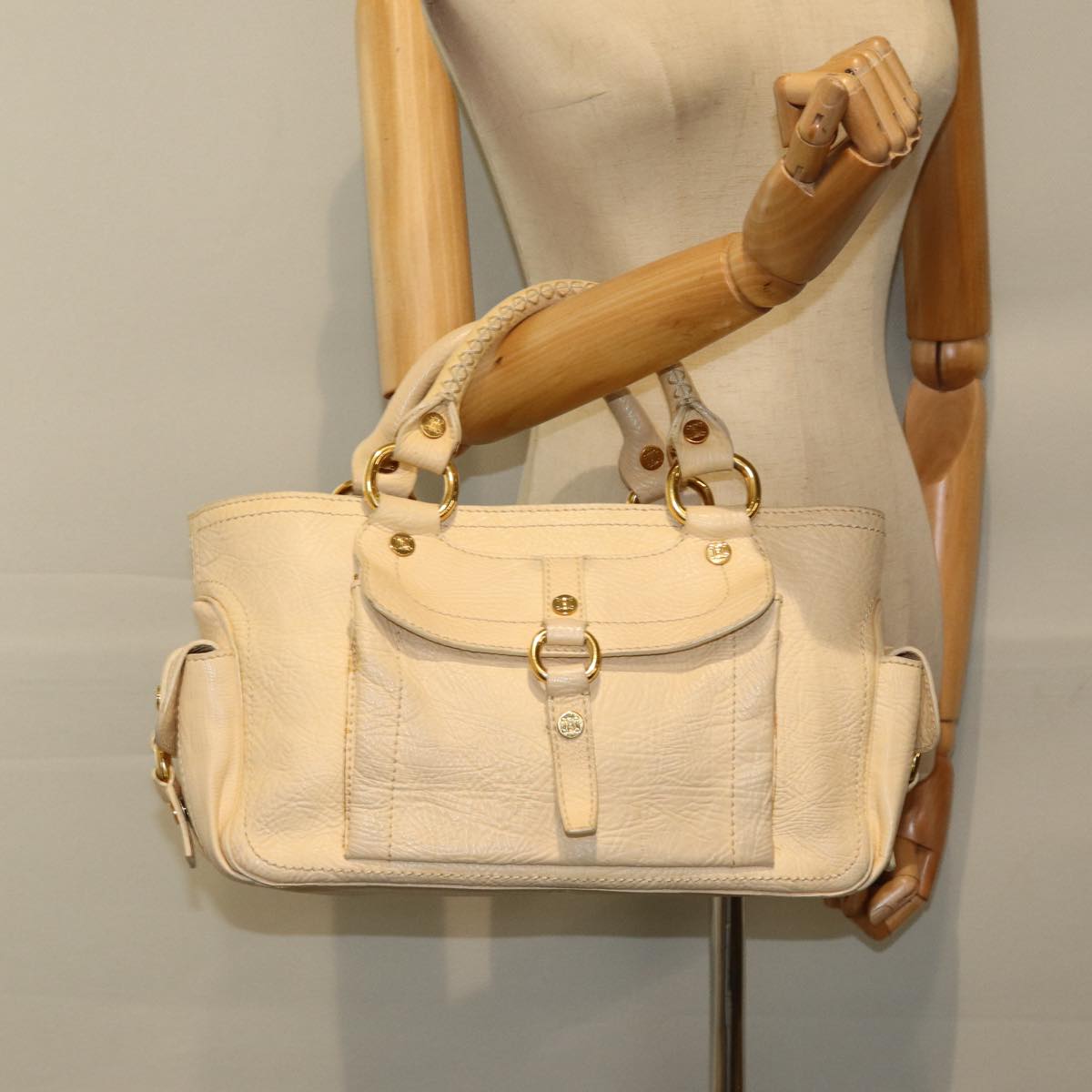 CELINE Boogie bag Hand Bag Leather Beige Auth ti1845