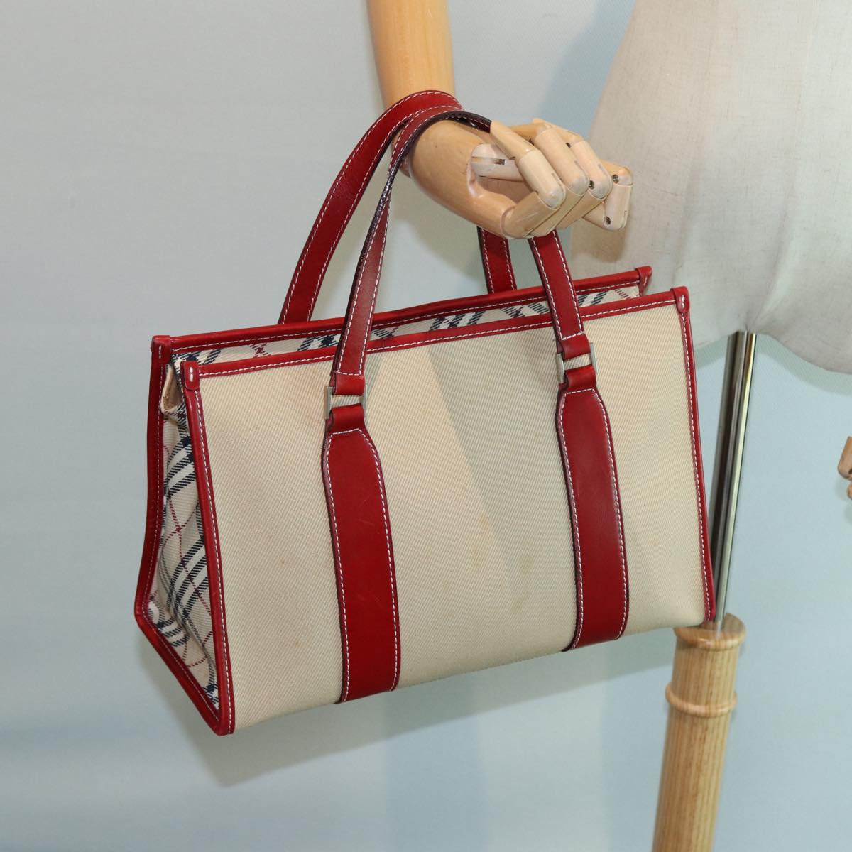 BURBERRY Nova Check Blue Label Hand Bag Canvas Beige Auth ti1855