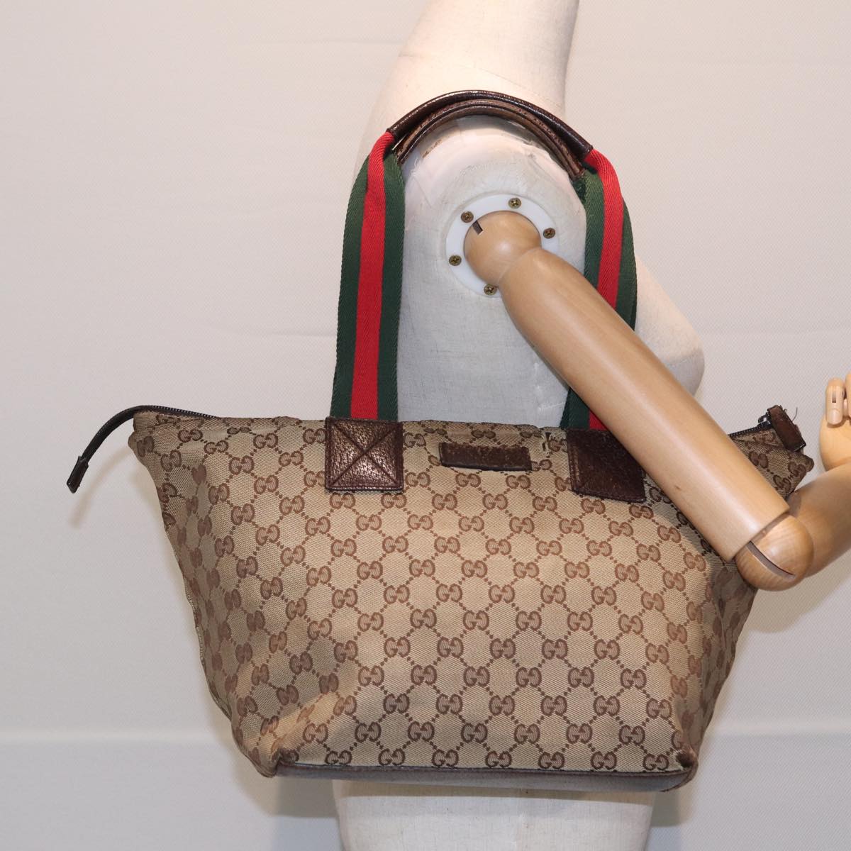 GUCCI GG Canvas Web Sherry Line Tote Bag Canvas Beige Auth ti1861