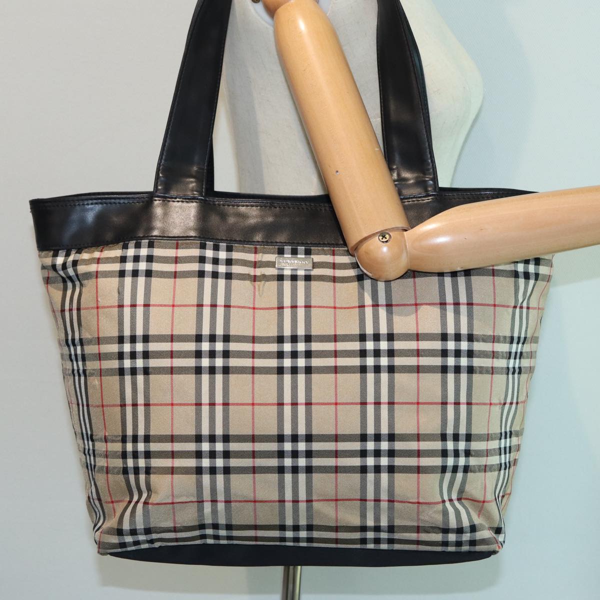 BURBERRY Nova Check Tote Bag Nylon Beige Black Auth ti1868