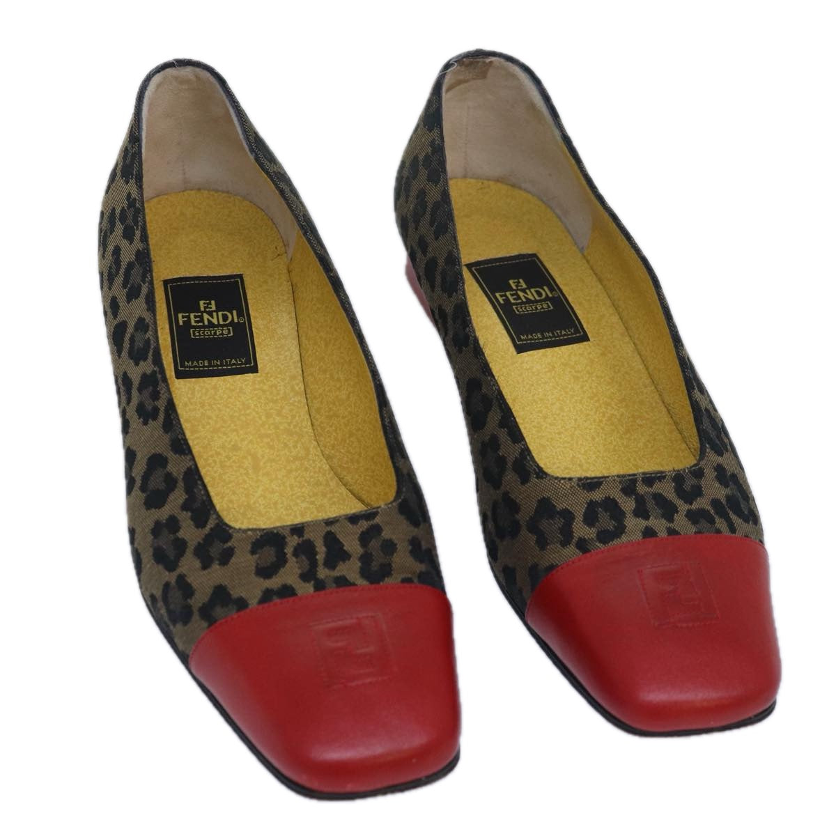 FENDI Leopard pumps shoes Canvas Leather 37.5 Brown Red Auth ti1874