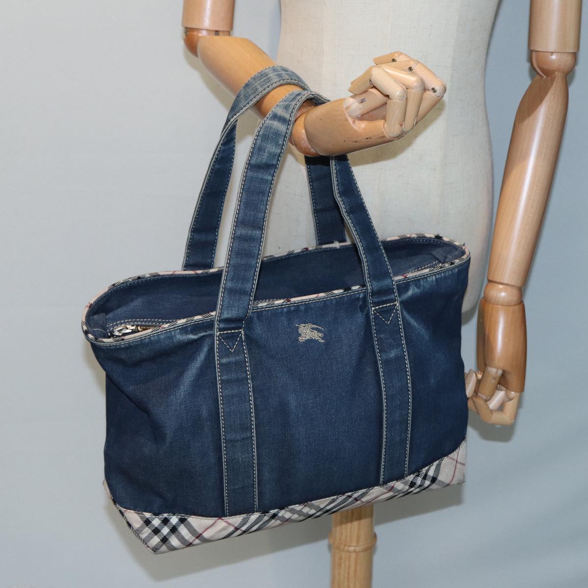 BURBERRY Nova Check Tote Bag Denim Beige Navy Auth ti1894