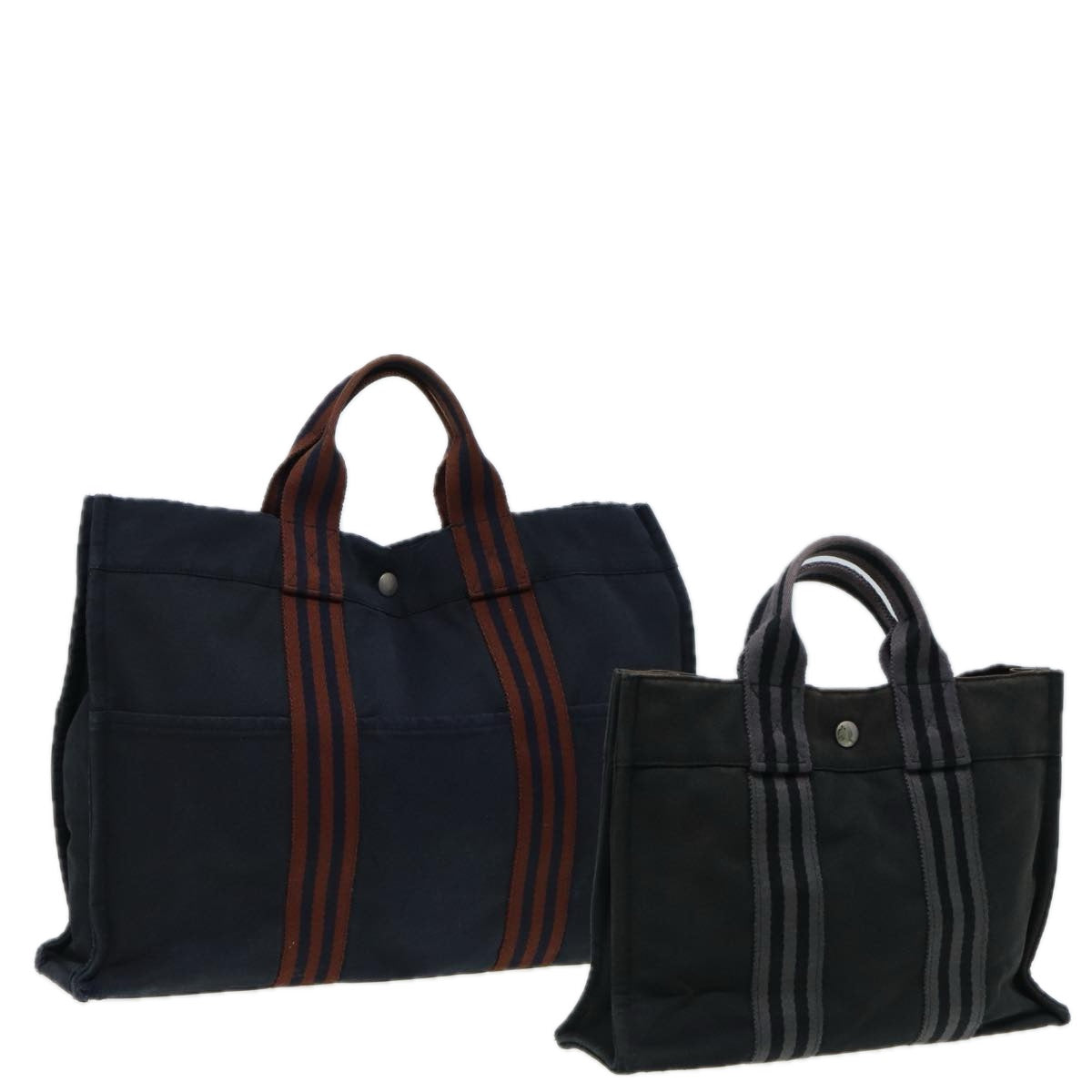 HERMES Hand Bag Canvas 2Set Navy Gray Auth ti1908