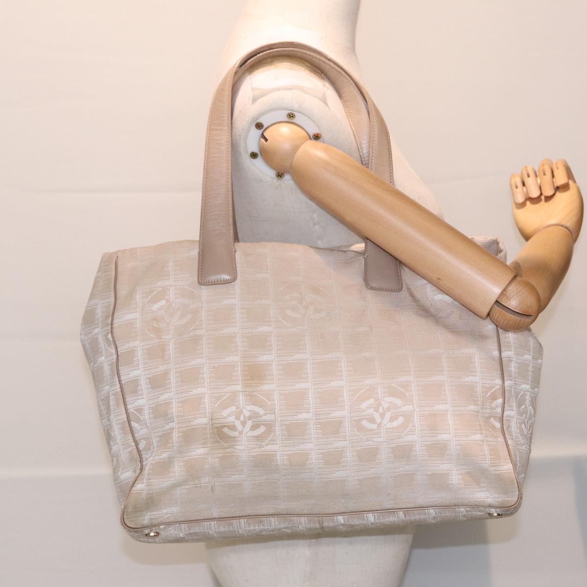 CHANEL New Travel Line Tote Bag Nylon Beige Gold CC Auth ti1912