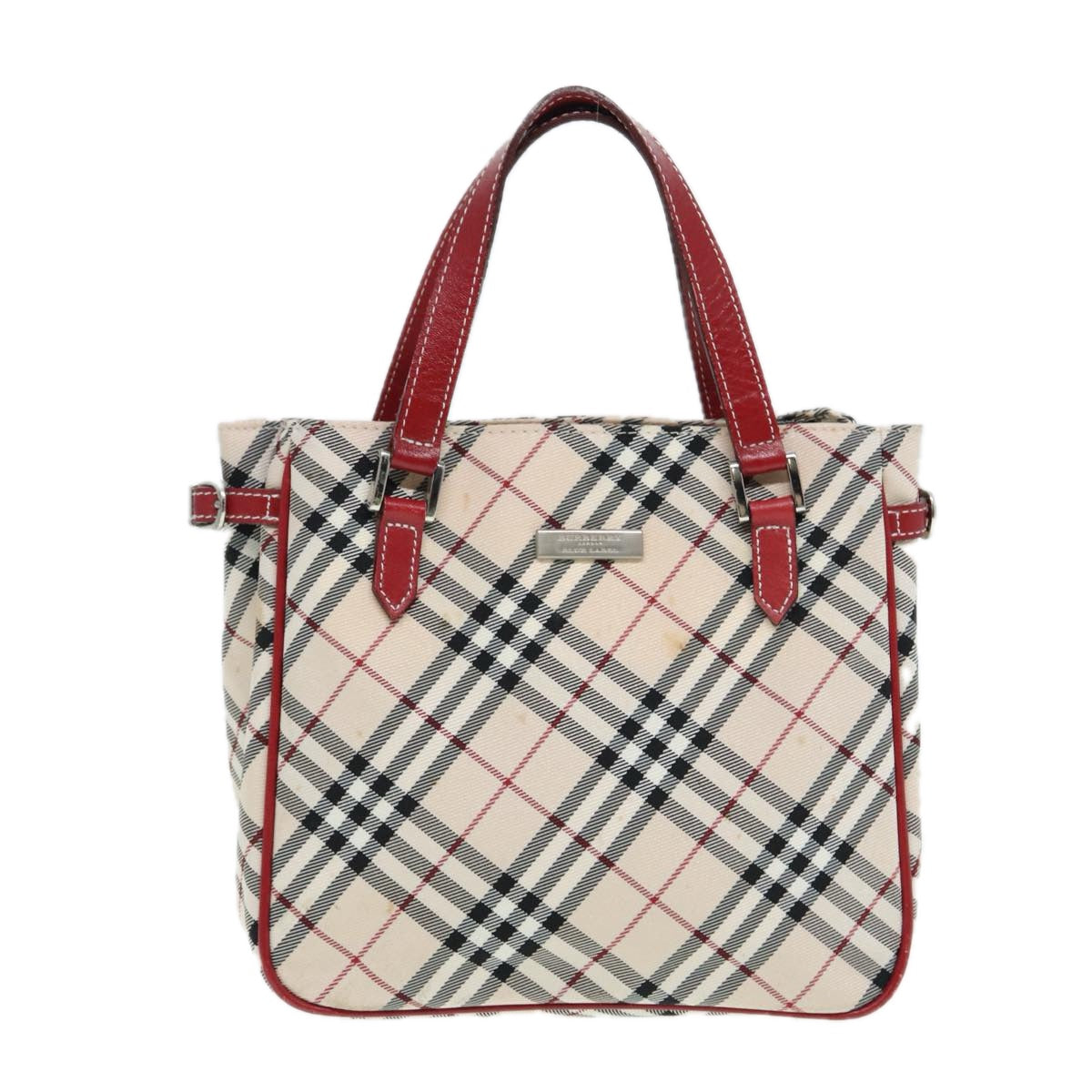 BURBERRY Nova Check Blue Label Hand Bag Nylon Beige Red Silver Auth ti1914